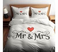 Quixora Ivory Duvet Cover King Bedding Set, Mr And Mrs Vintage Style Romance Reversible Lightweight 3pcs Bedding Sets and Pillow Cases, Soft Easy Care with Zipper Closure, 230 × 220