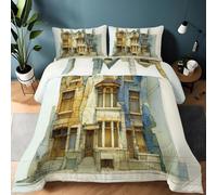 Quixora King Coverless Duvet 3 Pieces, Reversible Rustic Old House Design Bedding Set for Child Aldult Ultra Soft Breathable Quilt Duvet Set with 2 Pillowcase