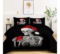 Quixora King Coverless Duvet 3 Pieces, Reversible Skull Skeleton Christmas Coffee Cup Design Bedding Set for Child Aldult Ultra Soft Breathable Black Quilt Duvet Set with 2 Pillowcase