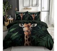Quixora King Duvet Cover Set - All-Season Reversible Quilt Cover with Pillowcases, Microfiber Dark Green Bedding for Kids Friends Family, Rainforest Giraffe Design Duvet Cover, 230 x 220 cm