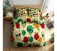 Quixora Printed Duvet Cover Bedding Set Double Size, Colorful Sugar Skulls Pattern Soft Quilt Cover for Kids Girls Women, Beige Bedding with 2 Pillow Cases
