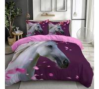 Quixora Printed Duvet Cover Bedding Set King Size, Romantic White Horse Cherry Blossoms Pattern, Soft Quilt Cover for Kids Girls Women, Light Purple Theme, with 2 Pillow Cases