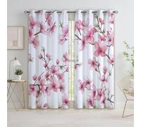 Quixora Watercolour Cherry Blossom Floral Blackout Curtains Print Eyelet Thermal Insulated Light Blocking Window Drapes for Bedroom Living Room 2 Panels 46 x 54 Inch