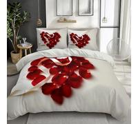 Quixora White Duvet Cover Super King Bedding Set, Romantic Red Roses Petals Heart Shape Reversible Lightweight 3pcs Bedding Sets and Pillow Cases, Soft Easy Care with Zipper Closure, 260 × 220 cm