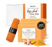 Quiyum Kojic Acid & Turmeric Soap Bar, 3x120g Dark Spot Corrector, Hyperpigmentation Treatment with Vitamin C, Retinol & Shea Butter, Face & Body Home Travel Cleanser, Exfoliating African Net Sponge