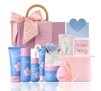 QUIYUM Sakura Collagen Skincare Set (12pcs): Includes Cleanser 50g, Toner 120ml, Serum 30ml, Eye Cream 20g, Cream 50g, with Nail Stickers, Towel, Makeup Bag, Makeup Case, Massage Comb, Face Sponge, an