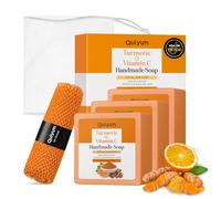 Quiyum Turmeric Vitamin C Soap Bar, 3x100g with Exfoliating African Net Sponge, Aloe Vera, Vitamin E, Collagen & Hyaluronic Acid, Natural Face & Body Cleanser for Radiant, Even Skin Tone, Travel Gift