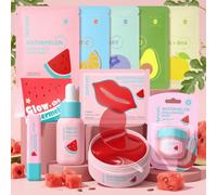 Quiyum Watermelon Skincare Set, 10Pcs Face Mask Kit for Radiance & Glow | Sheet Eye Lip Masks Serum Lip Balm, Hyaluronic Acid & Niacinamide, Christmas Birthday Pamper Gifts for Women Teenage Girls
