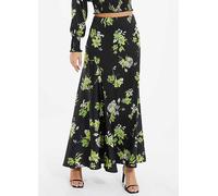 Quiz Black & Lime Satin Floral High Waist Skirt Black