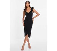 Quiz Black Scuba Crepe Ruched Bust Organza Strap Detail Midi Wrap Dress Black