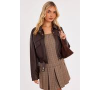 Quiz Women's Brown Faux Leather Cropped Bomber Jacket | Size: Large Quiz Brown L
