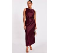 Quiz Burgundy Petite Satin Ruched Midaxi Dress Burgundy 10