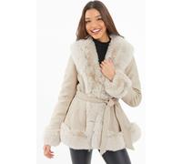 Quiz Women's Faux Fur Trim Belted Jacket in Stone | Size: 16 Quiz Stone 16
