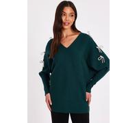 Quiz Green Diamante Bow Jumper Green S