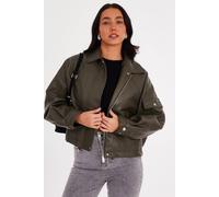 Quiz Women's Khaki Faux Leather Bomber Jacket | Size: Small Quiz Khaki S