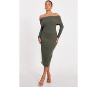 Quiz Khaki Petite Ribbed Bardot Midi Dress Khaki 10