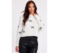 Quiz Off White Knitted Bow Jumper In Cream Cream M