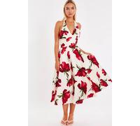 Quiz Off White Petite Satin Rose Print Midi Dress Off White 14