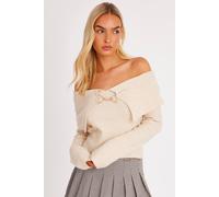 Quiz Women's Stone Bardot Chain Front Jumper | Size: Medium Quiz Stone M