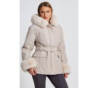 Quiz Women's Stone Faux Fur Trim Jacket | Size: 10 Quiz Stone 10