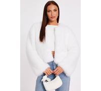 Quiz White Collarless Faux Fur Jacket White 12