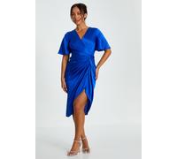 Blue Petite Satin Ruched Wrap Midi Dress Quiz Blue 6