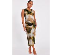 Khaki Petite Satin Printed Midaxi Dress Quiz Khaki 10