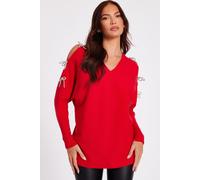 Quiz Women's Red Diamante Bow Jumper | Size: Small Quiz Red S
