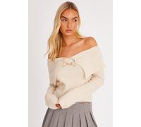 Quiz Women's Stone Bardot Chain Front Jumper | Size: Small Quiz Stone S