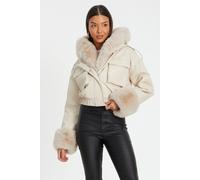 Quiz Women's Stone Faux Fur Bomber Jacket | Size: Large Quiz Stone L