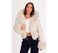 Quiz Women's Stone Faux Fur Bomber Jacket | Size: Medium Quiz Stone M