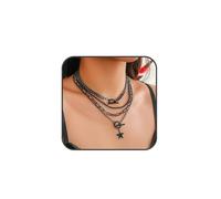 Quizzhe 4pcs Black Layered Necklace for Women Statement Gold Trendy Heart Pendant Retro Star Pendant Necklace Dainty Layering Link Chain Choker Cuban Multilayer Bar Clasp Necklaces Pendant Toggle