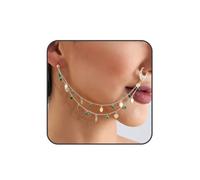 Quizzhe Punk Boho Nose Ring Hoop with Chain for Women Fake Septum Non-Piercing Ear Cuff Green Beaded Layered Tassel Indian Jewelry Dainty Gold Chain Face Dangle Personalized Gift for Women