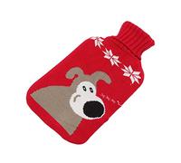 Qukaim 1 Liter Large Rubber Hot Water Bottle with Knitted Cover, Red Dog Design, for Pain Relief and Body Warming, Ideal for Home Use