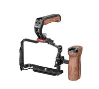Qukaim Phone Video Cage, Stabilizer Rig with 1/4 Inch Screw Hole, Compatible with Smartphone for Live Broadcast and Filmmaking, Includes Top Handle and Side Wooden Grip