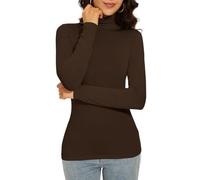 Qukayang Women's Turtleneck Long Sleeve Thermal Tops Slim Fitted Lightweight Thin Basics Layer Tshirt, Dark Brown, L