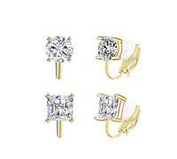 QUKE 2 Pairs Clip On Stud Earrings 7MM Cubic Zirconia Crystal Clip On Stud Non Pierced Earrings For Women Girls (Gold)