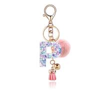 QUKE Alphabet Initial Letter Keychain for Women Girls Resin Keyring for Purse School Bag With Pink Fur Ball Pom - P