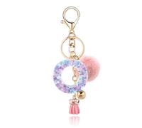QUKE Alphabet Initial Letter Keychain for Women Girls Resin Keyring for Purse School Bag With Pink Fur Ball Pom - O