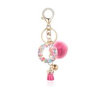 QUKE Alphabet Initial Letter Keychain for Women Resin Keyring Purse School Bag With Deep Pink Fur Ball Pom - O