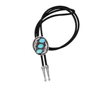 QUKE Vintage Native American Western Cowboy Blue Natural Turquoise Stone Bolo Tie Genunie Leather Bola Tie Necktie for Men