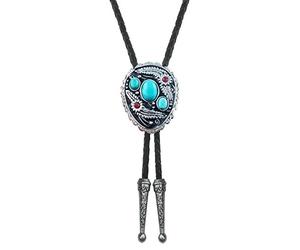 QUKE Vintage Native American Western Cowboy Blue Natural Turquoise Stone Bolo Tie Hand-woven Leather Bola Tie Necktie for Men, A, Overall