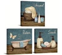 Qukisuma Bathroom Wall Art Canvas Prints Set of 3 Relax Soak Unwind Posters Unframed Vintage Bath Tub Pictures Teal Blue Modern Bathroom Decor Square Art (30 x 30 cm)