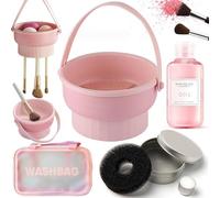 QUKLOGEN 3 In 1 Makeup Brush Cleaning Set Multifunctional Washing Bowl Drying Basket with Handle Silicone Cleaner Mat Removal Cleaner Sponge 150ml/5.12fl.oz Professional Makeup Brush Cleaner (Pink)