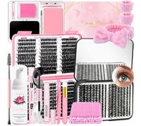 QUKLOGEN DIY Fluffy Lash Extension Kit 900Pcs D Curl 9-18mm Lash with Lash Bond and Seal,Quick Glue Remover Lash Shampoo Cleansing Brush Headband Wristband Tweezers Eyelash Brush Mini Applicator