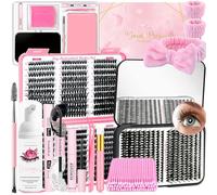 QUKLOGEN DIY Fluffy Lash Extension Kit 930Pcs D Curl 9-18mm Lash with Lash Bond and Seal,Quick Glue Remover Lash Shampoo Cleansing Brush Headband Wristband Tweezers Eyelash Brush Mini Applicator