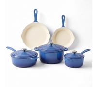 QuliMetal 5-Piece Blue Enamel Cast Iron Cookware Set 20cm Frying Pan, 25cm Skillet, 1.9L Saucepan, 3.3L Sauté Pan & 4.5L Dutch Oven Oven Safe 260°C, All Hobs