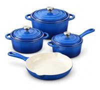 QuliMetal Enamelled Cast Iron Cookware Set, 4 Piece Pots and Pans Set-Blue | 26cm Non Stick Frying Pan + 1.9L& 2.6L& 4.5L Cast Iron Dutch Oven Compatible Casserole Pot with Lids, for All Hob Types