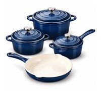 QuliMetal Enamelled Cast Iron Cookware Set, 4 Piece Pots and Pans Set-Navy | 26cm Non Stick Frying Pan + 1.9L& 2.6L& 4.5L Cast Iron Dutch Oven Compatible Casserole Pot with Lids, for All Hob Types