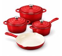 QuliMetal Enamelled Cast Iron Cookware Set, 4 Piece Pots and Pans Set-Red | 26cm Non Stick Frying Pan + 1.9L& 2.6L& 4.5L Cast Iron Dutch Oven Compatible Casserole Pot with Lids, for All Hob Types